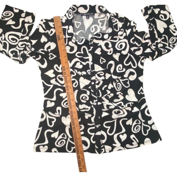 Como Black Long Sleeve Button-Up Shirt Abstract Heart Swirl Pattern Ruched Front - Picture 5 of 8